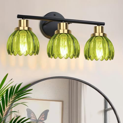 Image of Ldeco 3 Light Bathroom Vanity Light Fixtures Vintage Wall Sconce with Green Glass Shades Brushed Black Wall Mount Light Over Mirror Hallway Cabinet Living Room Decor E26 Base