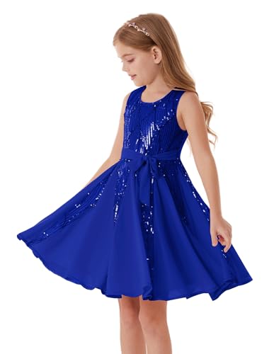 Image of GRACE KARIN Girls Sparkling Sequin Princess Dress Birthday Party Gown Summer Flower Girl Special Occasion Dress Festival Outfit Royal Blue 10-12 Years