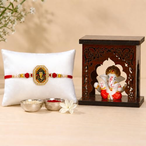 Image of EXPLEASIA Mukut Ganesha Idol with Wooden Temple with Rakhi for Home mandir Temple Car Dashboard Gift Items Festival Item showpiece