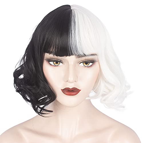 WeKen Black and White Wig for Girls Short Wavy Half Black Half White Wig with Bangs Cruella Deville Costume Women Cosplay Synthetic Wig Daily Party WeKen Black and White Wig for Girls Short Wavy Half Black Half White Wig with Bangs Cruella Deville Costume Women Cosplay Synthetic Wig Daily Party