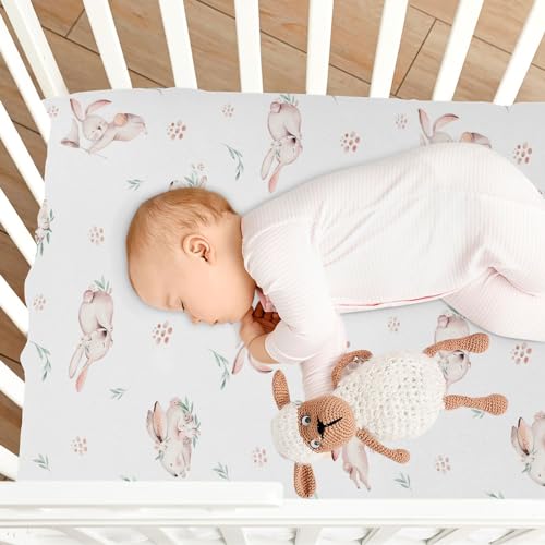 Image of CaTaKu Baby Crib Sheets Cute Rabbit Bunny Woodland Mini Crib Sheets Fitted for Girls Boys,Neutral Soft Toddler Mattress Bed Sheets for Crib,27 inchx 39 inch