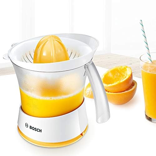 Bosch VitaPress MCP3500N citrus juicer, universal press cone for small and large fruits, pulp control, high juice yield, 0.8 l juice container, dishwasher-safe, 25 W, white/yellow