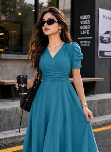 Image of Preneum Girl's & Women's Solid Color V-Neck A-Line Maxi Dress for Women | New Year Party Outfit | Waist Cinched Puff Sleeve Western | Elegant Casual Wear (Availble in Plus Size)