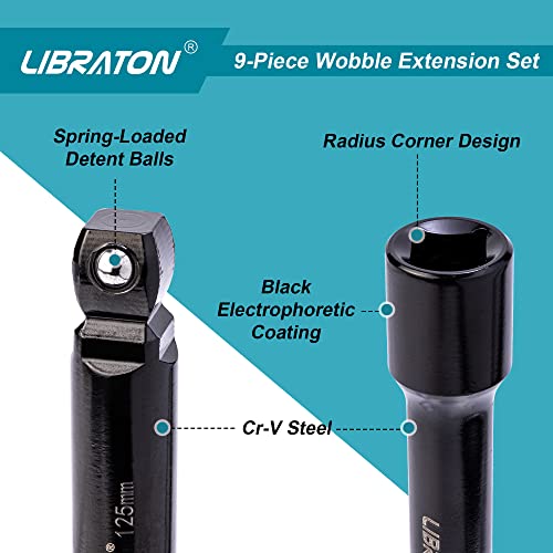 Libraton 9PCs Extension Bar Set, 1/4", 3/8" and 1/2" Drive Socket Extension, Cr-V Extension Bar Set, with EVA Storage Tray