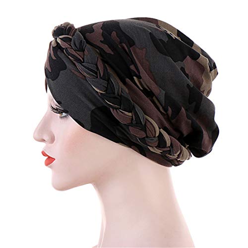 Chemo Cancer Head Hat Cap Ethnic Bohemia Pre-Tied Twisted Braid Hair Cover Wrap Turban Headwear (D Camouflage Army Green)