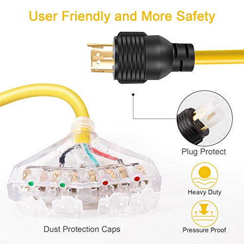 Rophor 30 Amp to 110 Adapter Generator Power Cord, 4 Prong 30 Amp to 15 Amp Generator Adapter, Nema L14-30P Male to 4X 5-20R Female with Dust Protection Caps, 1.5 FT