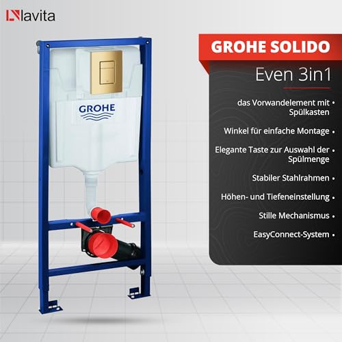 Lavita Vorwandelement Solido + Wand Hänge WC Shak Weiß Spülrandlos + WC Sitz mit Absenkautomatik Goldener Knopf Komplettset Unterputz Spülkasten Toilette Komplett Sett WC – Bild 4