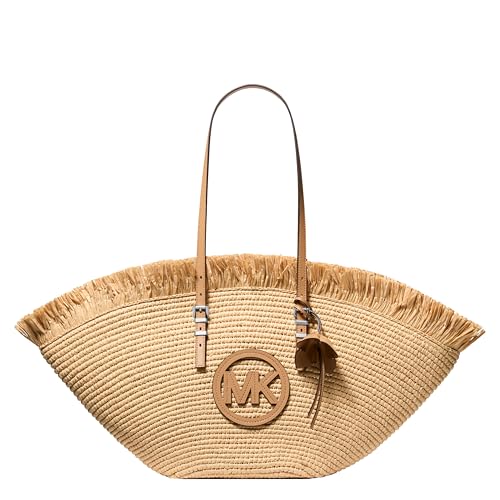 Michael Kors Women's Isa Large Fan Tote, Silver-Tone Hardware/Crochet Straw, Natural/Peanut