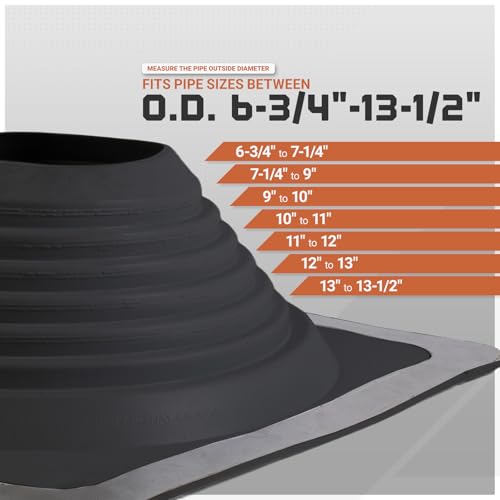 Image of Fasteners Plus #8 Square EPDM Metal Roof Pipe Flashing Boot with Complete Install Kit (Fits 6-3 /4 inch - 13-1 /2 inch Pipe OD), Black
