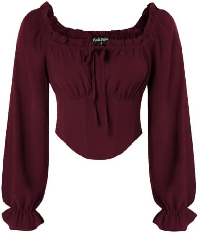 SCARLET DARKNESS Mittelalter Bluse Damen Korsett Top Langarm Piratenbluse | Lace-up Schulterfreie Korsett Oberteil, Gesmokte Taille Corset Top, Renaissance Trachtenbluse Gothic Kos