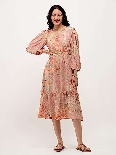 Image of AASK Abstract Printed Puff Sleeve Gathered Detailed Fit Flare Dress