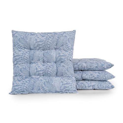 BESCH Pack 4 Cojines para Silla Usos Interior y Exterior 40x40x5cm Extra Suave - Cojin de Asiento Decorativo Funda de Poliéster y Relleno de Fibra Hueca Lavable Cómodos Acolchados (Follaje Azul)