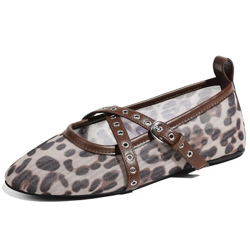 VIMISAOI Leopard Flats for Women Mesh Ballet Flats Shoes for Women Fishnet Buckle Round Toe Mary Jane Ballerina Shoes Dress Shoes