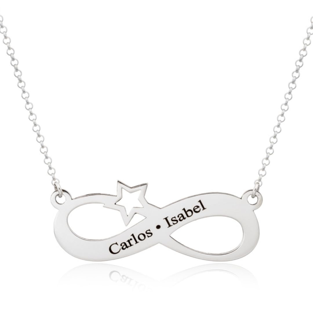 Collar Infinito Mujer Corazón Estrella Personalizado en Plata de Ley 925 con cadena de 40cm + Alargador. Regalo para madres, abuelas en Cumpleaños, Navidad. Hecho en España (Collar Estrella)
