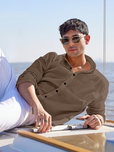 Image of Men's Linen Cotton Casual Shirt | Regular Fit Plain Shirt for Men | Long Sleeve Shirt for Casual & Formal Wear