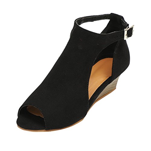 Logobeing Zapatos de Mujer Sandalias de Cuña con Plataforma Correa de Tobillo Peep Toe Zapatos de Tacón Alto (40, Negro)