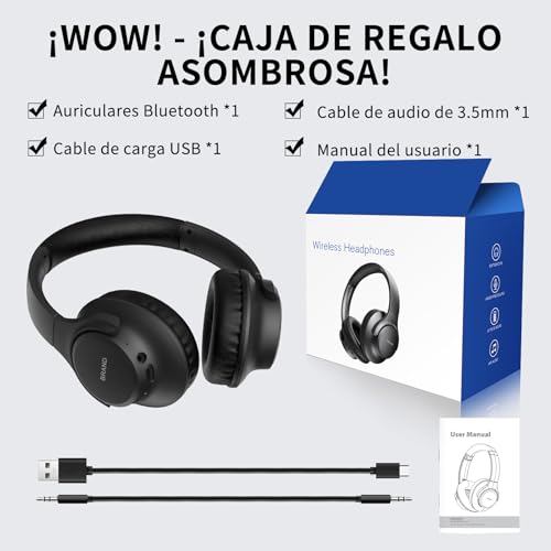 KVIDIO Auriculares Supraaurales Inalámbricos, 55 Horas de Reproducción Auriculares Bluetooth, Cascos Ligeros Plegables con Micrófono, Graves Profundos (Negro)