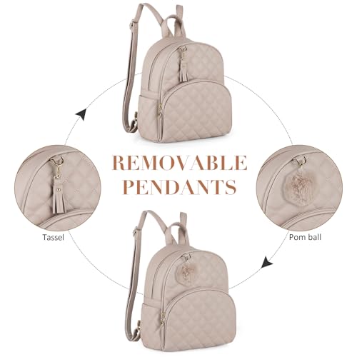 Image of ECOSUSI Mini Backpack for Women Leather Small Backpack Purse for Ladies | Stylish Shoulder Bag with Cute Pom and Tassel Decoration, Bookbag for Travel Daily Outings, Khaki
