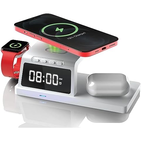CHARGEWORX 4-in-1 Wireless Charging Alarm Clock: Smart Station for Devices | Fast 15W Charging, 3 Alarm Settings, LED Indicators, Reflective Display Cover