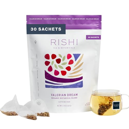 Rishi Tea Valerian Dream Herbal Tea - Organic Sachet Bags, Caffeine Free, Calming Botanical Blend with Valerian Root - 30 Count