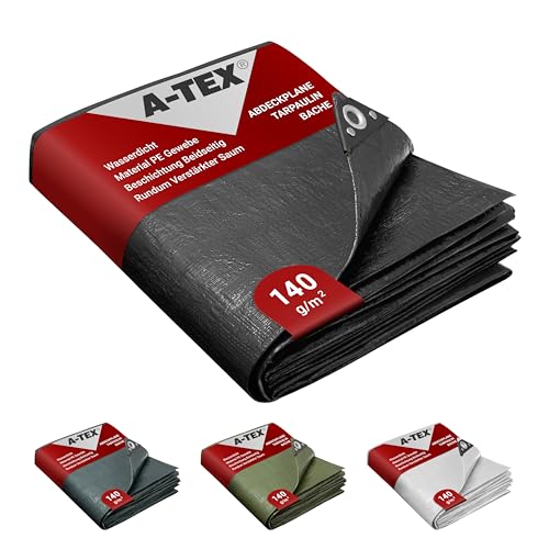A-TEX Abdeckplane 140 g/m (Schwarz 3 x 3 m) | Verschiedene Stärken Größen und Farben wählbar | Plane mit Ösen | Gewebeplane Gartenplane Zelt Holzplane | wasserdicht | reißfest | UV-stabilisiert