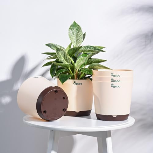 UGAOO 7.5 Inch Krish Self Watering Planter - Set of 5 (Ivory) | Flower Pots for Indoor Plants | Plastic Planter Pots | Decorative Pots for Living Room, Kitchen, Office | Planters for Home Decor