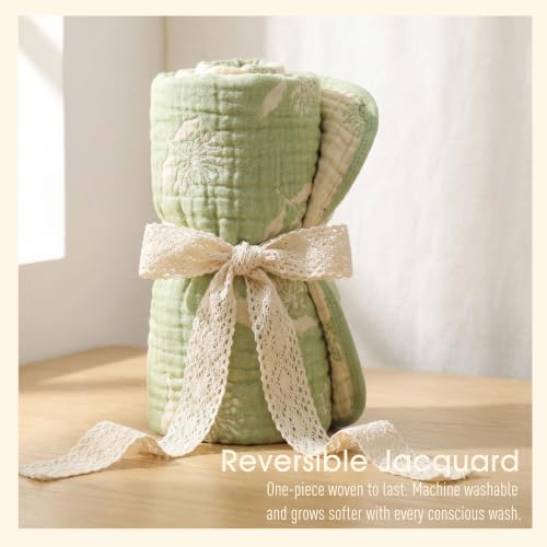Image of Ultra Soft Muslin Baby Blanket - Made with Organic Cotton, Earthy Botanicals Jacquard Swaddle & Crib Quilt, 43x43 (Sage Green Floral)
