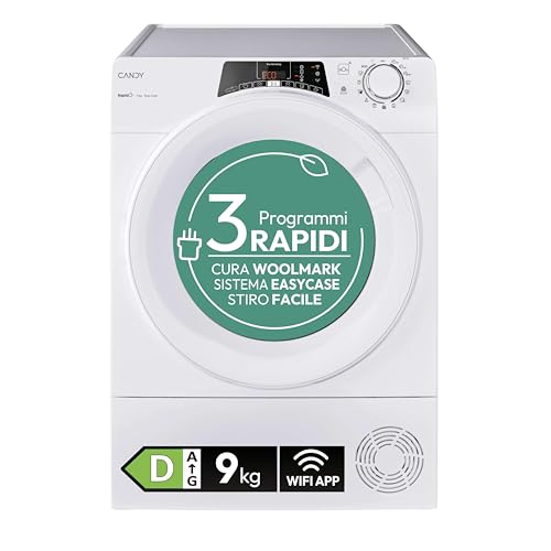 Candy Rapidò RO EH9N2TE-S Asciugatrice Carica Frontale 9kg a Pompa di Calore, Classe D, 66db,14 + Oltre 40 Programmi aggiuntivi via app hOn, Libera Installazione, 59,6x58,5x85 cm, Bianco.