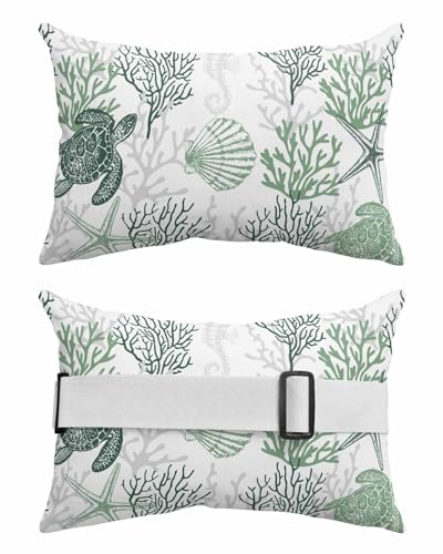 Coastal Sage Green Coral Outdoor Beach Pool Lounge Chair Head Throw Pillow Covers 12x20 With Insert And Elastic Stripe Set of 1,Lumbar Cushion Pillow Cases,Turtle Shell Jellyfish Seahorse White Grey