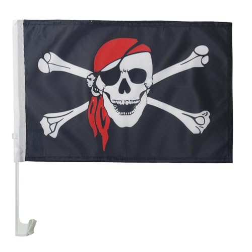 Image of Pirate Red Bandana Car Flag 18'' x 12'' - Jolly Roger Car flags 30 x 45cm - Banner 18x12 INCHES PLASTIC STICK - AZ FLAG