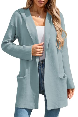 Cakulo Womens Long Hooded Cardigan Sweaters Oversized Fall Cardigans 2025 Open Front Knit Sweater Coats Pockets Blue XL