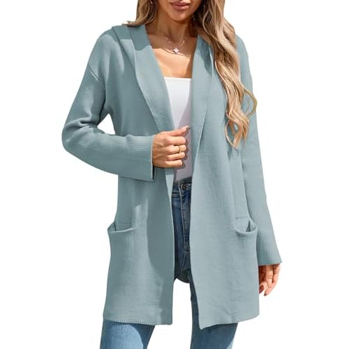 Cakulo Womens Long Hooded Cardigan Sweaters Oversized Fall Cardigans 2025 Open Front Knit Sweater Coats Pockets Light Blue Medium