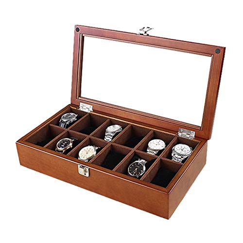 H.yina Boîte à Montres Boîte à Montres en Bois - Présentoir/Ensemble de boîtes/Boîte de Rangement pour Bijoux - 12 grilles Boîte à Montres avec Couvercle en Verre (Couleur: Couleur Noyer) Cover