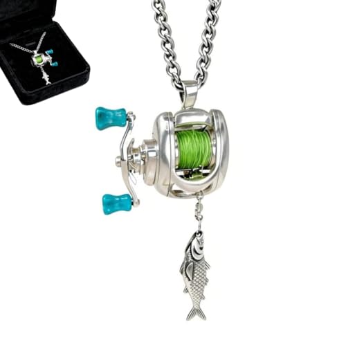 Fishing Reel Necklace Mini Fishing Reel Necklace with Rotating Handle & Moving Line Guide Unique Fishing Gear Keychain Spinning Reel Key Holder
