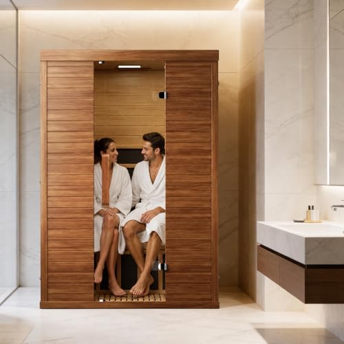 MNLR 2 Person Infrared Home Sauna, Wood Indoor Dry Sauna Low EMF FAR with Red Light 1500W/120V LCD Heater, WiFi & Bluetooth Speakers with Flame-Retardant Materials