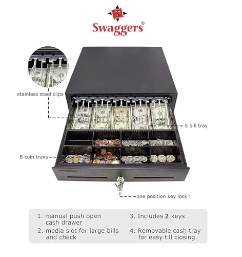 Image of swaggers Metal Cash Drawer For Point of Sale (POS) System with Removable Coin Cash Tray, 5 Bills /8 Coins slots Drawer with RJ11 Interface Key Lock | Black Colour