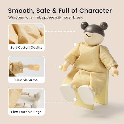 Tiny Land Wooden Dollhouse People Set, 5-Piece Poseable Wooden Doll Family with Dad, Mom, Brother, Sister, Baby and Stroller, Dollhouse Accessories Toy Pretend Play Gift for Kids Ages 3+