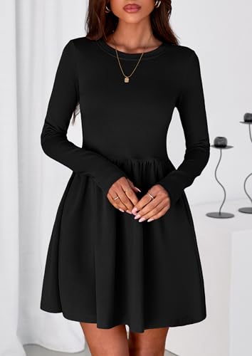 PRETTYGARDEN Women's Long Sleeve Mini Dresses 2025 Fall Casual Crewneck Pleated A Line Party Cocktail Short Dress with Pocket3