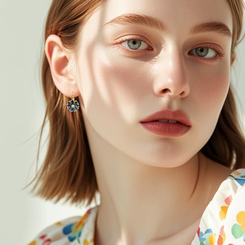 Sapphire Flower Earrings for Women, 14K Gold Plated Leverback with Blue Crystals, Hypoallergenic Dainty Jewelry - Image 4