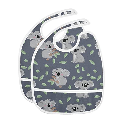 Image of MCHIVER Koala Baby Bibs for Girl Boy Waterproof Baby Drool Bibs with Pocket Adjustable Snaps Feeding Bibs for Toddles Infants Newborns 2 Pack