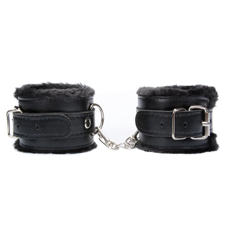 Black Leather Bracelet, Adjustable Training Tools Set, Furry Inner Material, Couple Gift, Porn Handcuffs、F8