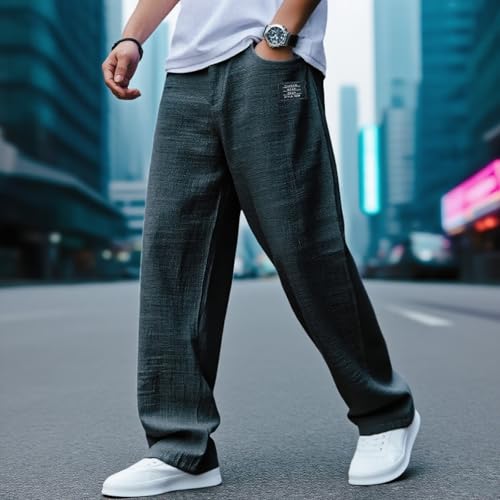 Mokolaha Men's Casual Hemp Pants, Drawstring Elastic Waist with Pockets, Relaxed Fit Embroidered Logo Trousers for Men2