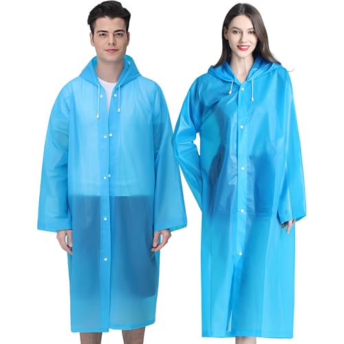 Image of Rain Ponchos, 2 Packs Reusable Ponchos for Adults with Drawstring Hood and Sleeves, Emergency Rain Coat for Theme Park, Hiking, Camping or Traveling