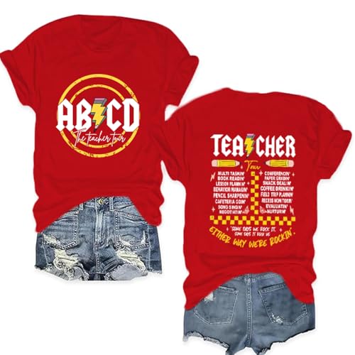 Potia Teacher Shirts for Women Funny ABCD Teacher Tour T-Shirt Casual Back to School Teach Tee Tops Red