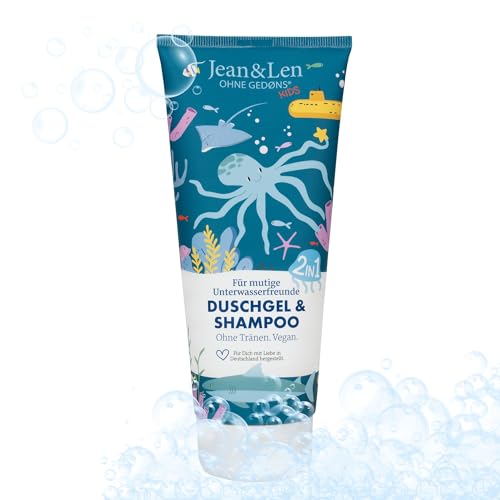 Jean & Len 2en1 gel de ducha y champú para niños, sin lágrimas, fórmula extra suave, especial para la piel y el cabello delicados de los niños, vegano, sin parabenos ni siliconas, 200 ml