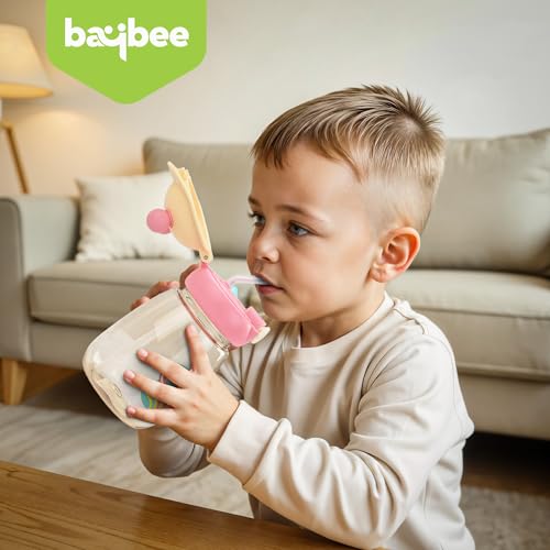 Image of BAYBEE SnowSip Baby Sipper Bottle with Straw for Kids | Spill Proof & BPA Free Safe Sipper 540ml | Cute Cartoon Design Smooth Sipping & Adjustable Strap | Drinking Water Bottle for School Kids (Pink)