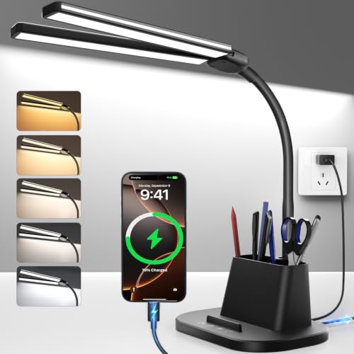 Image of Desk Lamp with USB-C Charging Port and Organizer Base, LED Desk Light with Pen Holder, Phone Stand, 25 Lighting Modes, Flexible Gooseneck Touch Lamp for Home Office, Study Desk, College Dorm Room