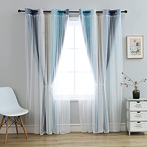 Anytime Blackout Star Kids Curtains For Girls Bedroom Living Room，Rainbow Stripe Double Layer Gradient Window Curtains (Blue,2 Panels Set,W52 X L63Inch) #TOP1