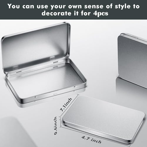 Image of Geiserailie 4 Pack Rectangular Metal Tin Box with Lid Metal Hinged Lid Tin Mini Paint Storage Box Empty Container Storage for Watercolor Jewelry Pen Candy Craft Organizer 7.0 x 4.2 x 0.6'' (Sliver)