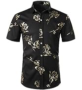 ZEROYAA Mens Hipster Gold Rose Printed Slim Fit Short Sleeve Button Down Dress Shirts